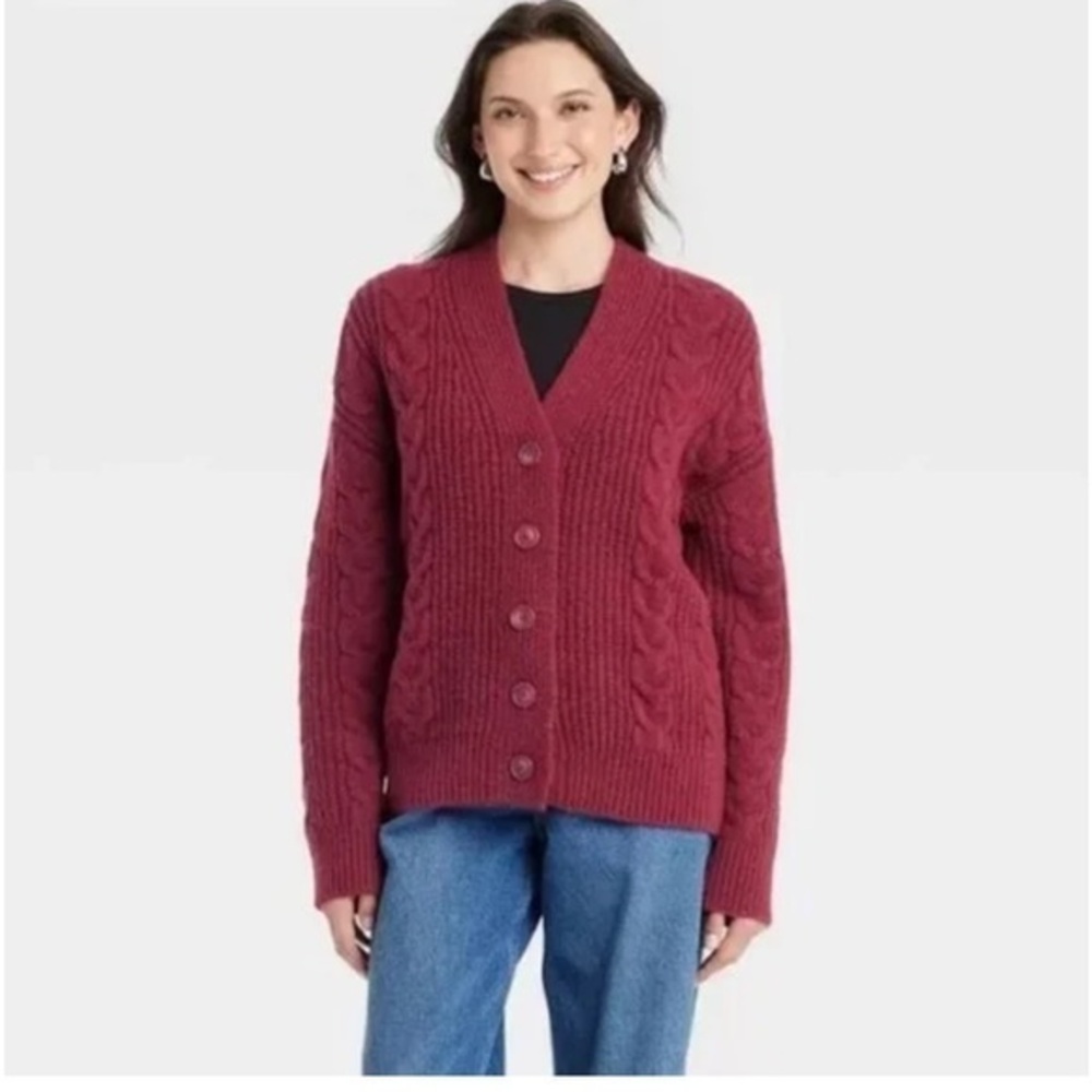 NWT Women's Cable Knit Cardigan Sweater - Burgundy